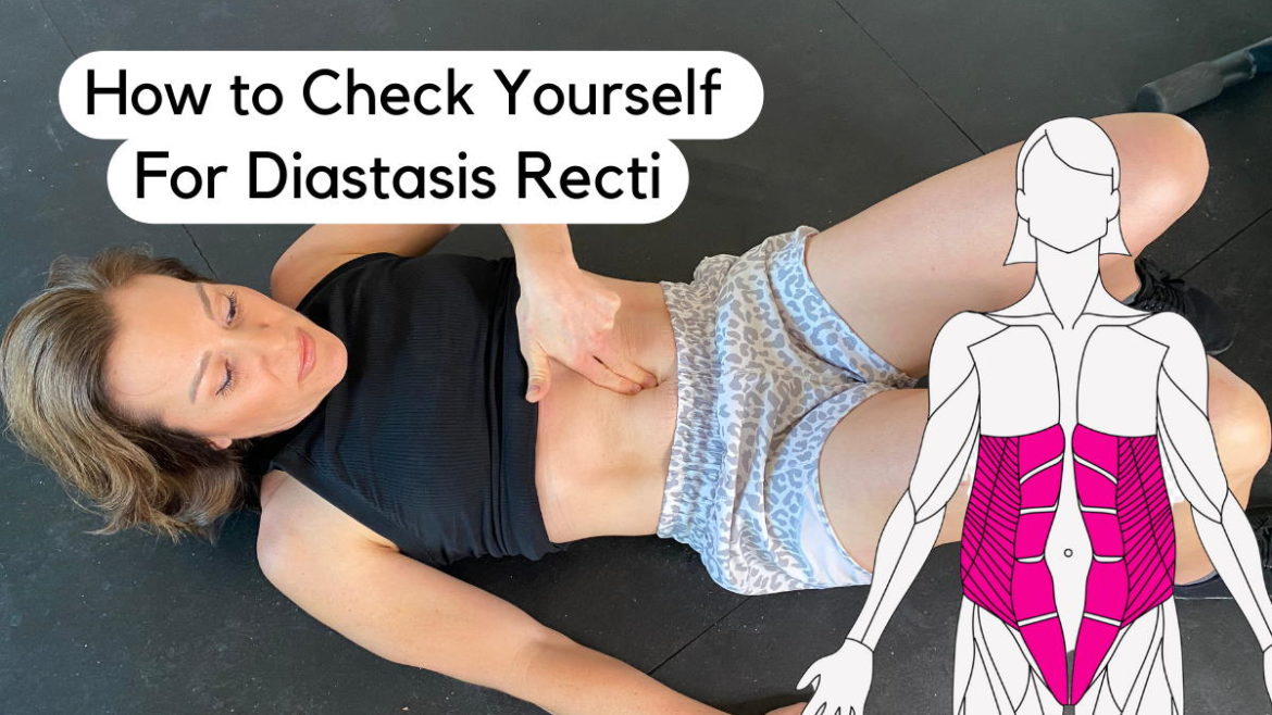 Ashley using two fingers above her belly button to check yourself for diastasis recti